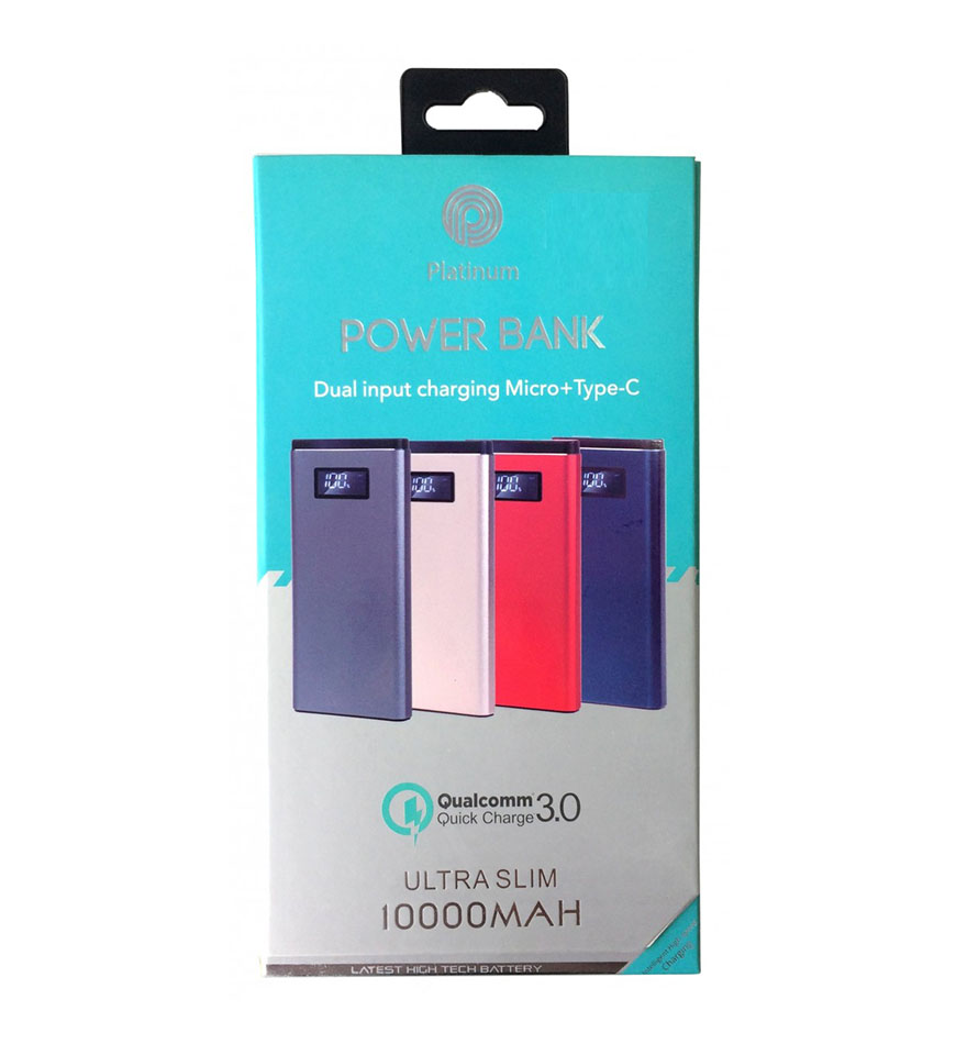 PLATINUM POWER BANK QC - SLIM METAL CASE - WITH DISPLAY & TYPE C - 10,000 MAH - PP-9003