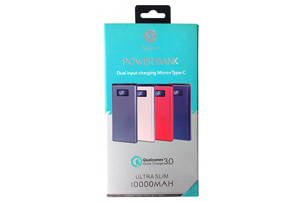 PLATINUM POWER BANK QC - SLIM METAL CASE - WITH DISPLAY & TYPE C - 10,000 MAH - PP-9003