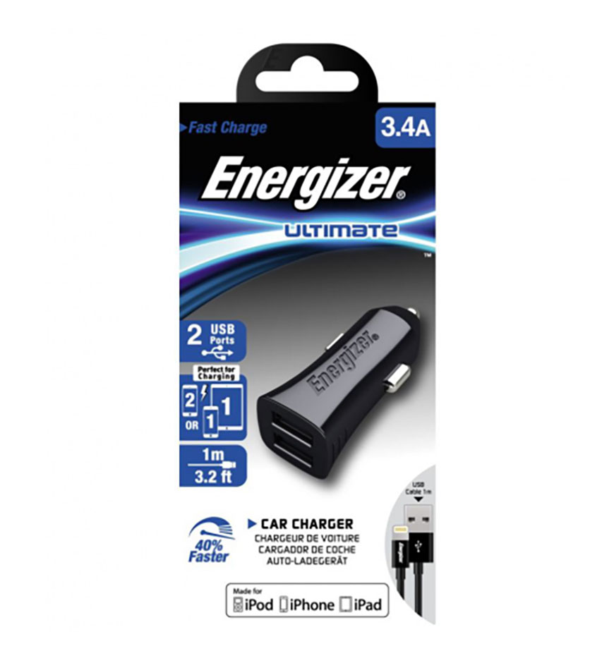 ENERGIZER ULTRA CAC LIGHTNING IPHONE CABLE 3.4A - 2 USB - BLACK - DCK2CULI3